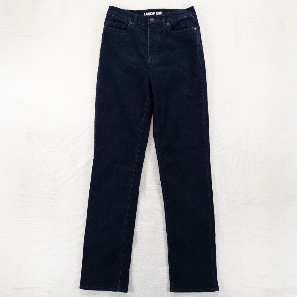 Lands' End Corduroy Pants Womens 6 TALL Navy Blue High Rise Straight Leg Stretch